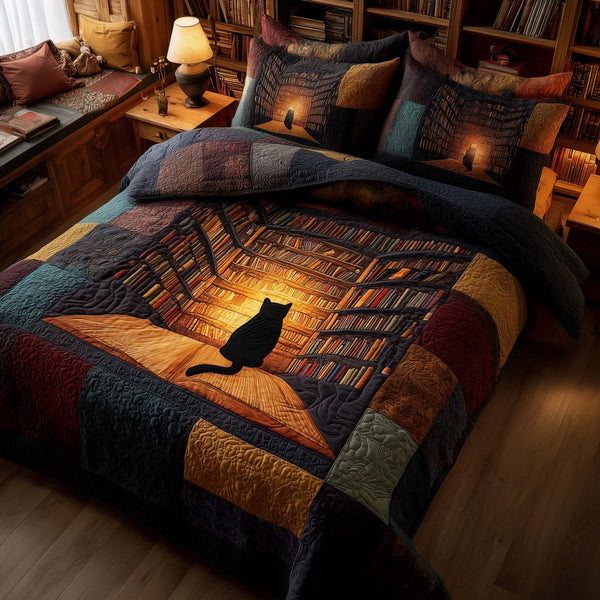 Whiskered Library quilted 3-piece bedding set on a made bed with two matching pillow shams