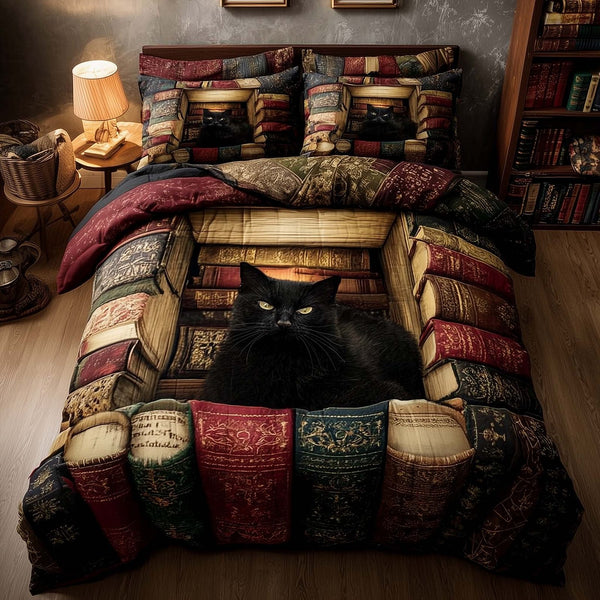 Whiskered Library quilted 3-piece bedding set on a made bed with two matching pillow shams