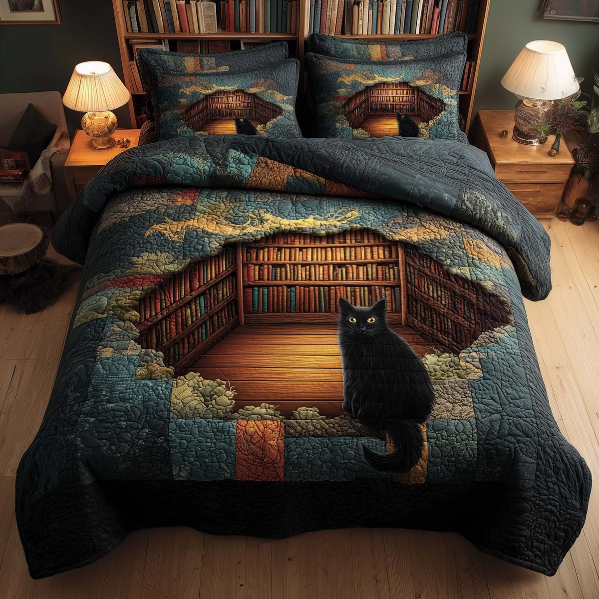 Whiskered Library quilted 3-piece bedding set on a made bed with two matching pillow shams