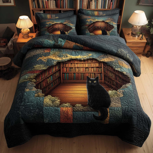Whiskered Library quilted 3-piece bedding set on a made bed with two matching pillow shams