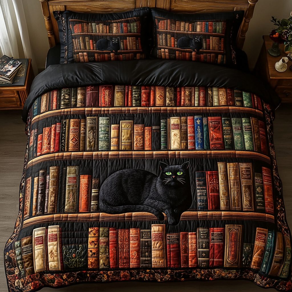 Whiskered Reads quilted 3-piece bedding set on a made bed with two matching pillow shams