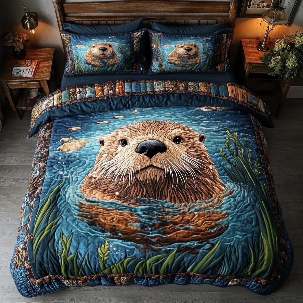 Whiskered Waves quilted 3-piece bedding set on a made bed in a light coastal bedroom