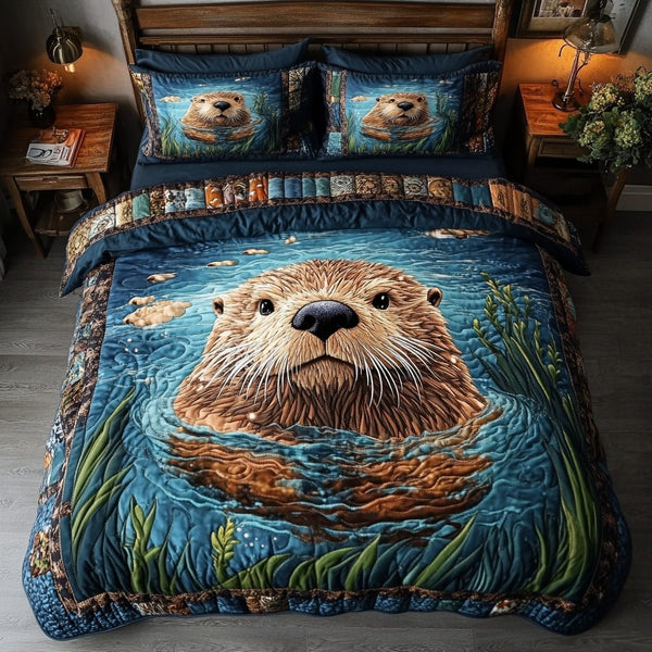 Whiskered Waves quilted 3-piece bedding set on a made bed in a light coastal bedroom