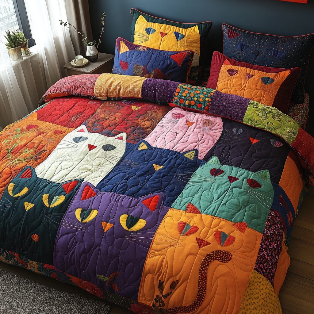 Whiskered Wonders quilted 3-piece bedding set on a made bed with two matching pillow shams
