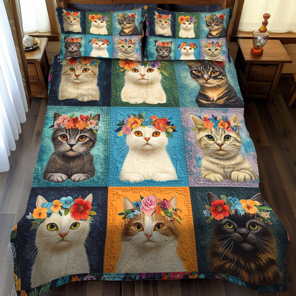 Whiskers and Flowers quilted 3-piece bedding set on a made bed with two matching pillow shams