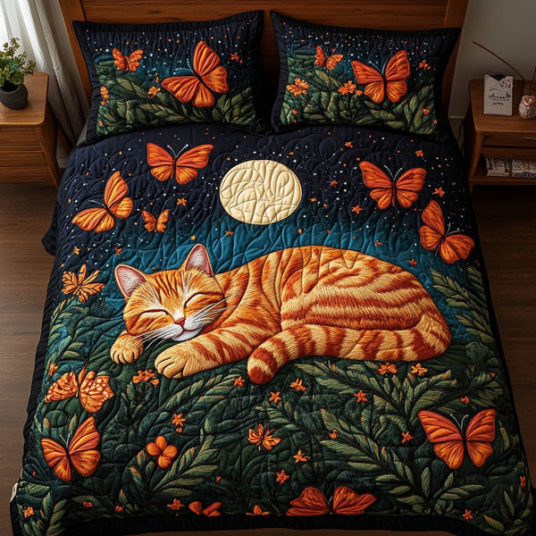 Whiskers And Paws quilted 3-piece bedding set on a made bed with two matching pillow shams