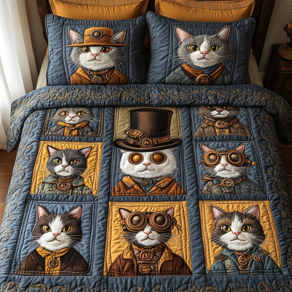 Whiskers Gears quilted 3-piece bedding set on a made bed with two matching pillow shams