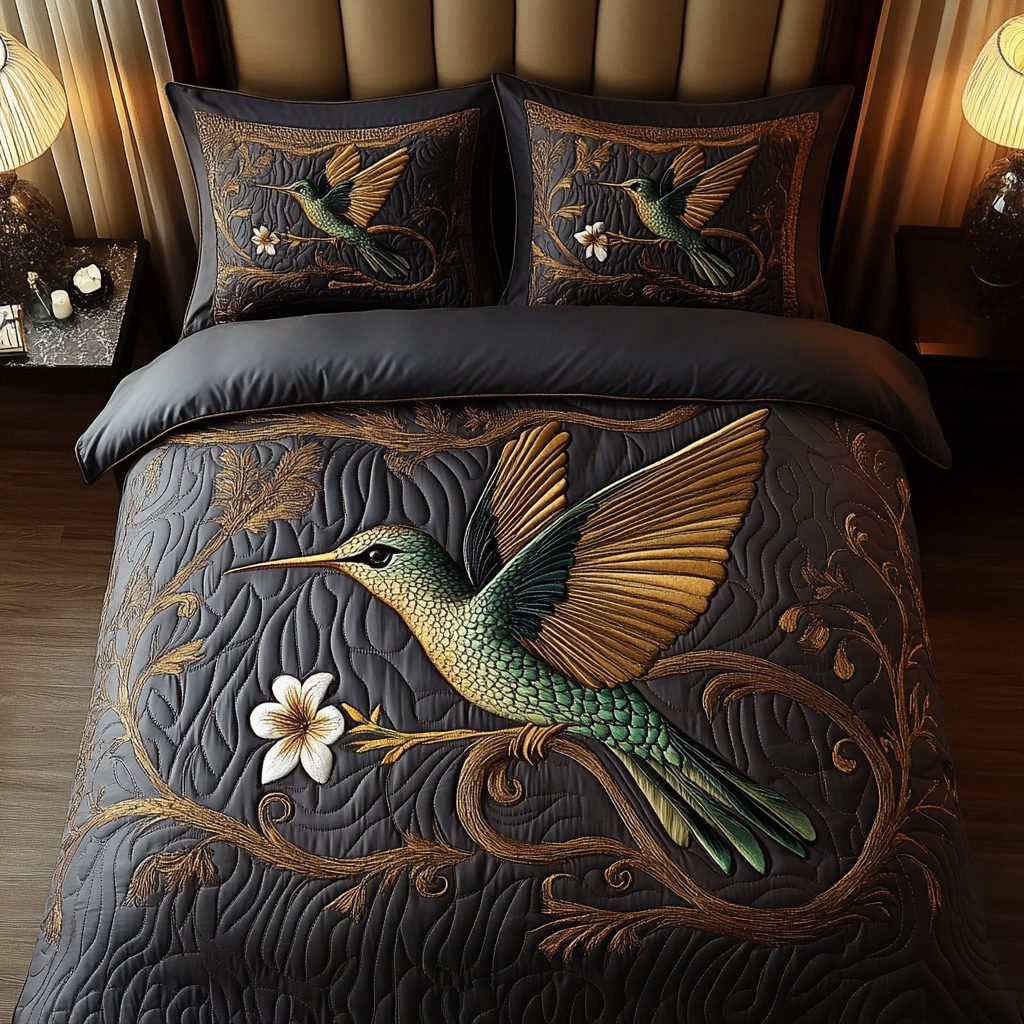 Whisper Flight quilted 3-piece bedding set on a made bed with two matching pillow shams