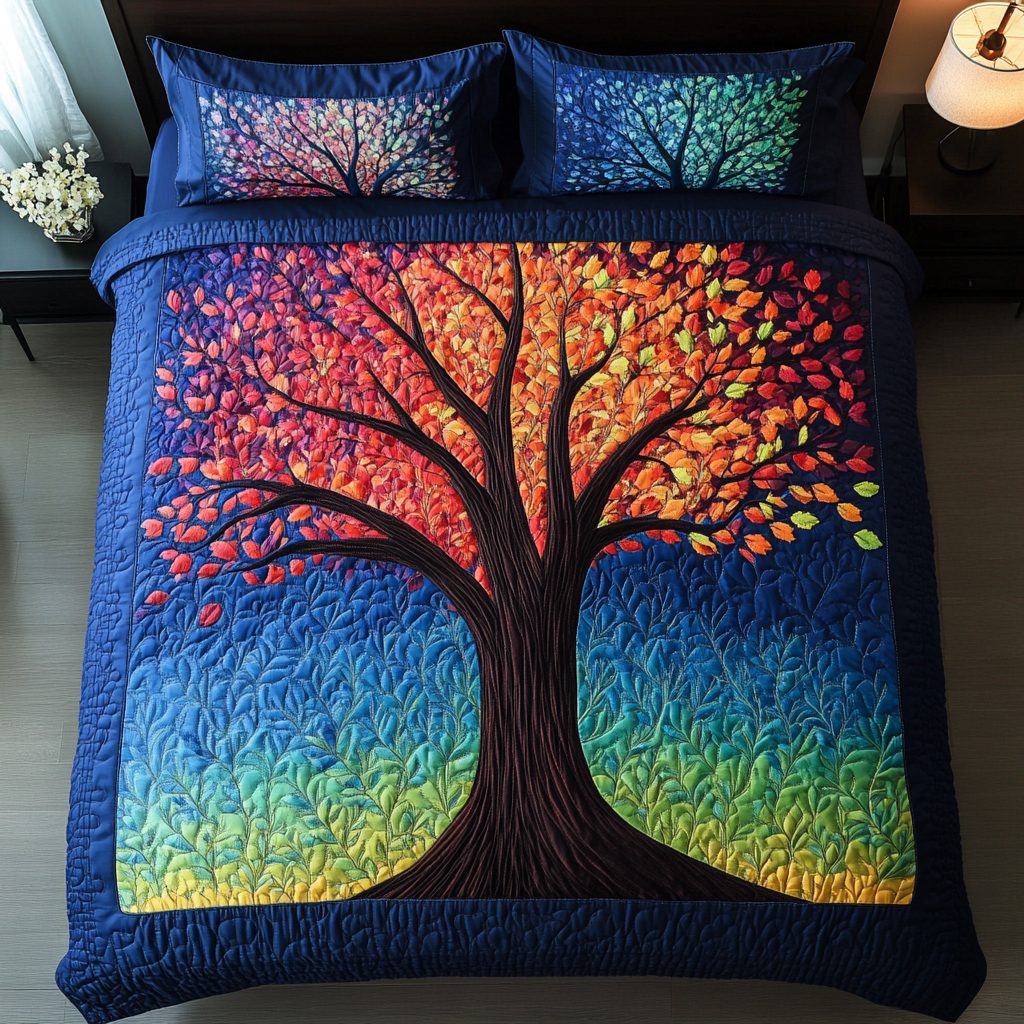 Whisper Tree quilted 3-piece bedding set on a made bed with two matching pillow shams