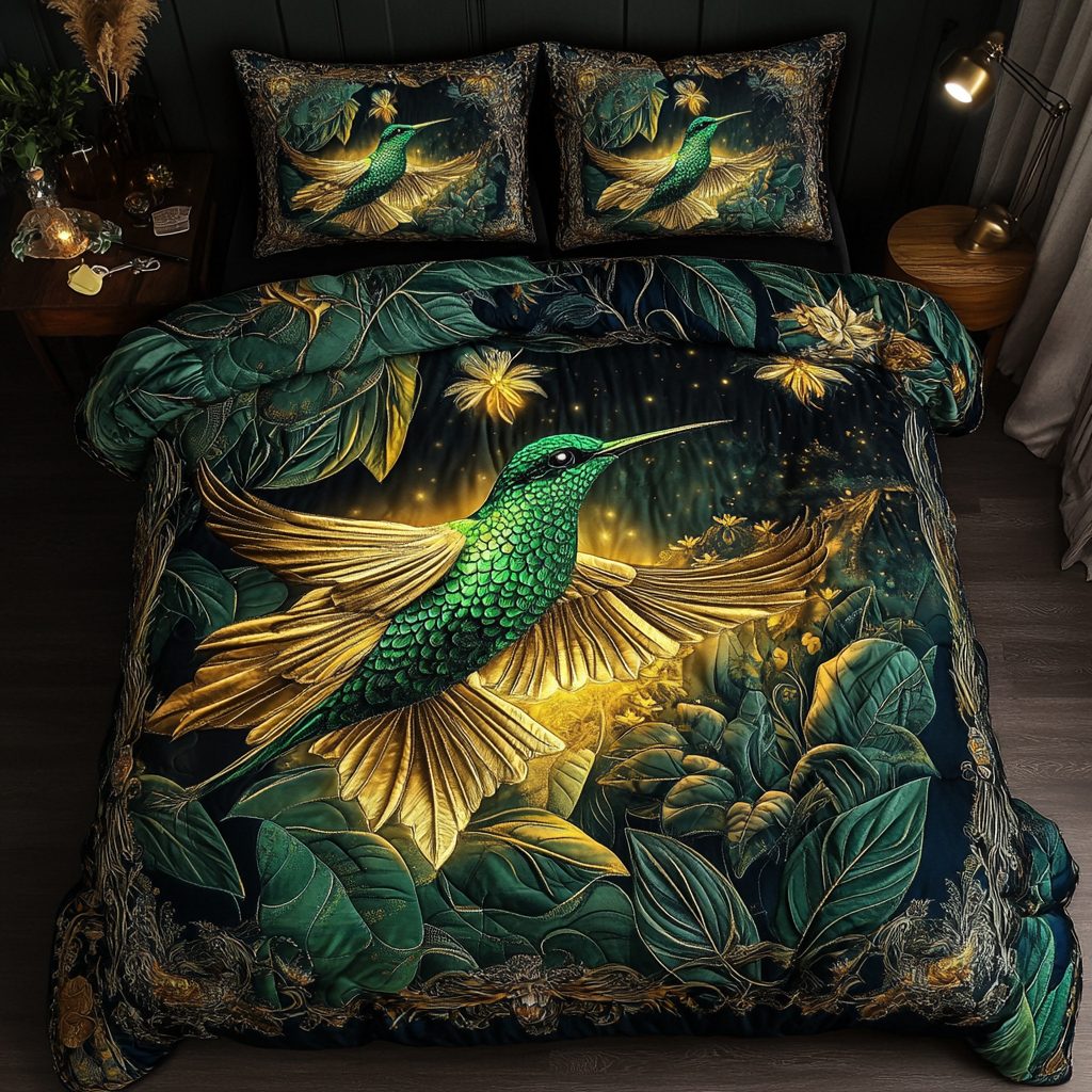 Whisper Wings quilted 3-piece bedding set on a made bed with two matching pillow shams