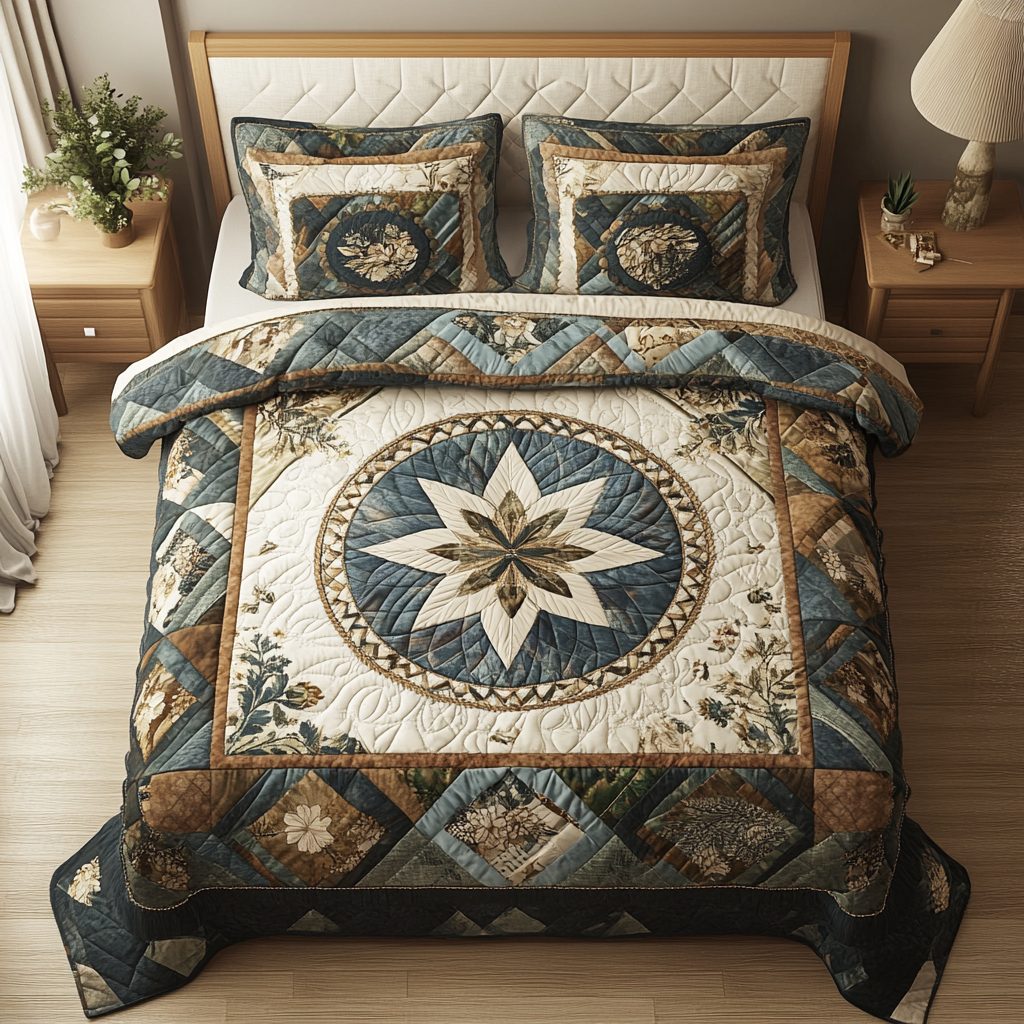 Whispered Petals quilted 3-piece bedding set on a made bed with two matching pillow shams