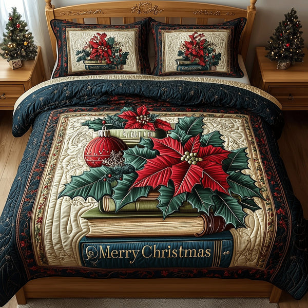 Whispered Words quilted 3-piece bedding set on a made bed with two matching pillow shams