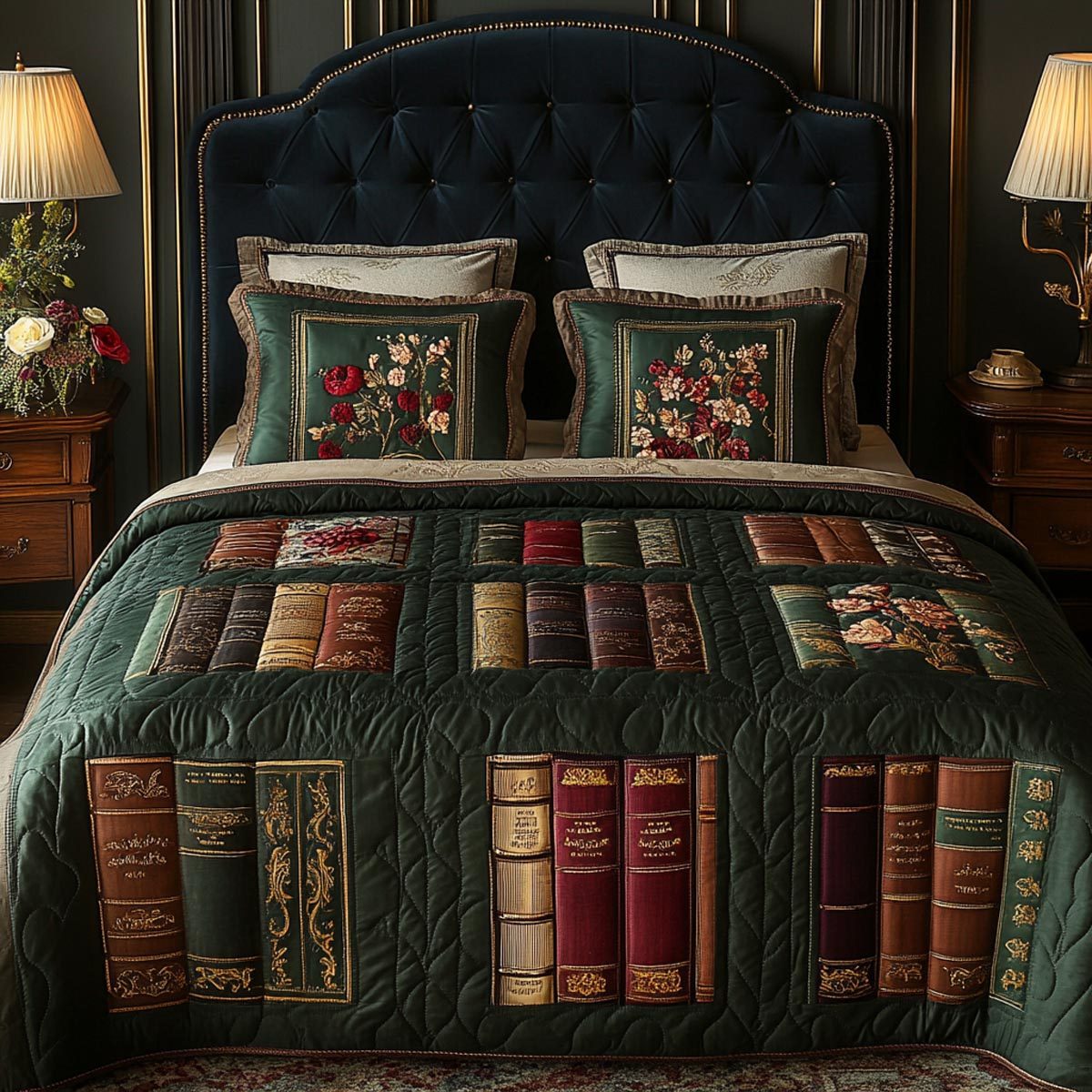 Whispering Books quilted 3-piece bedding set on a made bed with two matching pillow shams