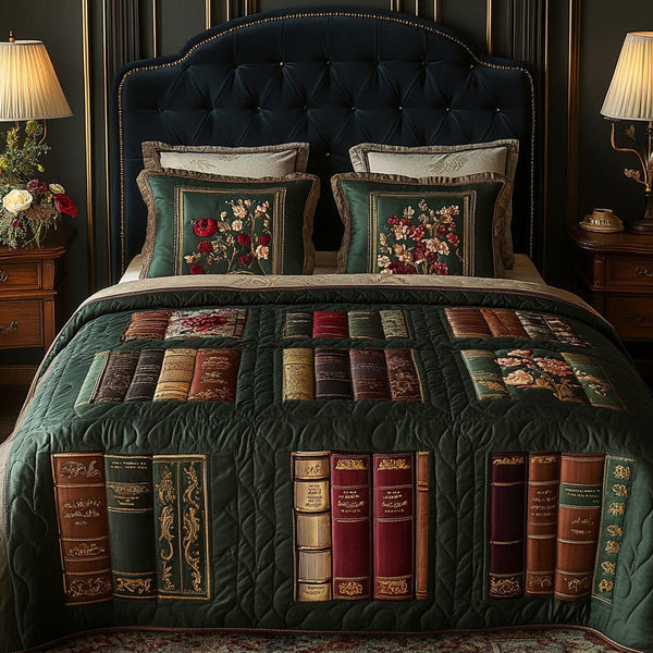 Whispering Books quilted 3-piece bedding set on a made bed with two matching pillow shams