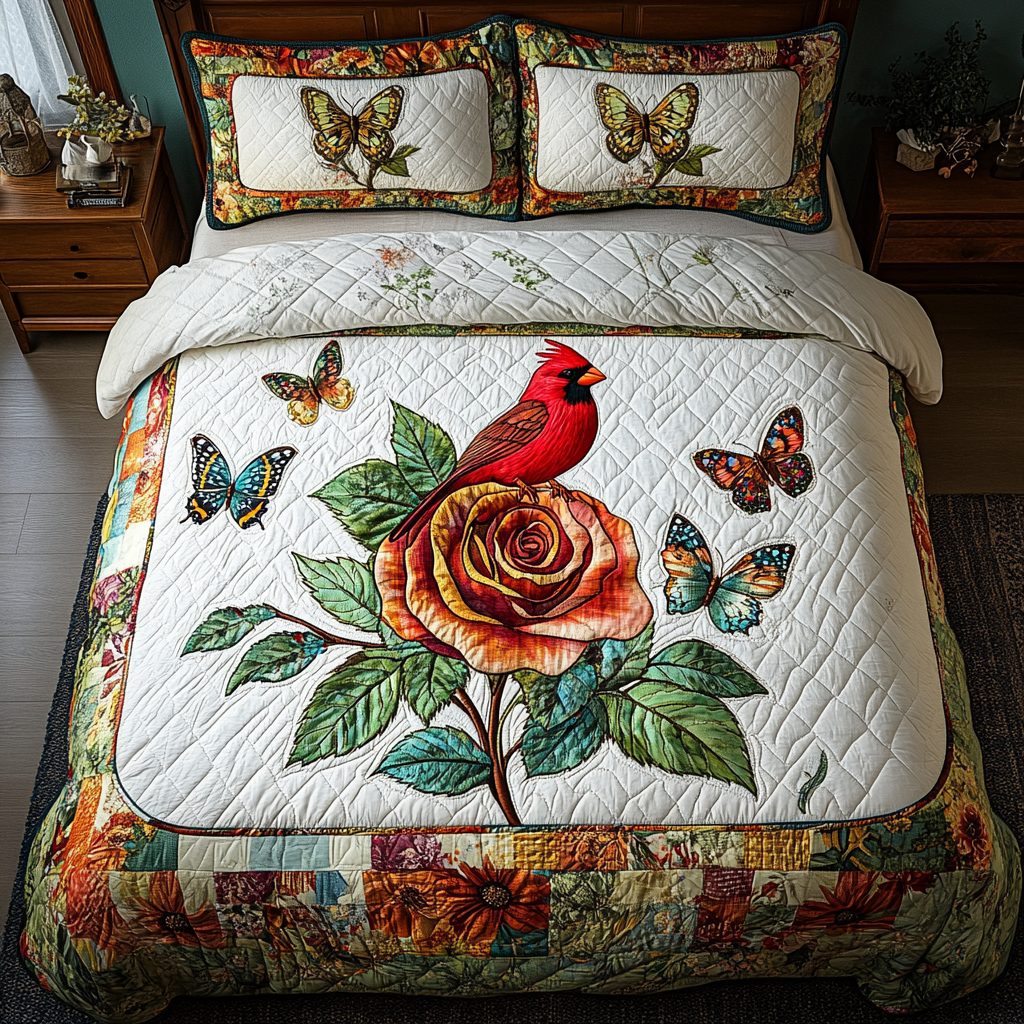 Whispering Cardinal quilted 3-piece bedding set on a made bed with two matching pillow shams