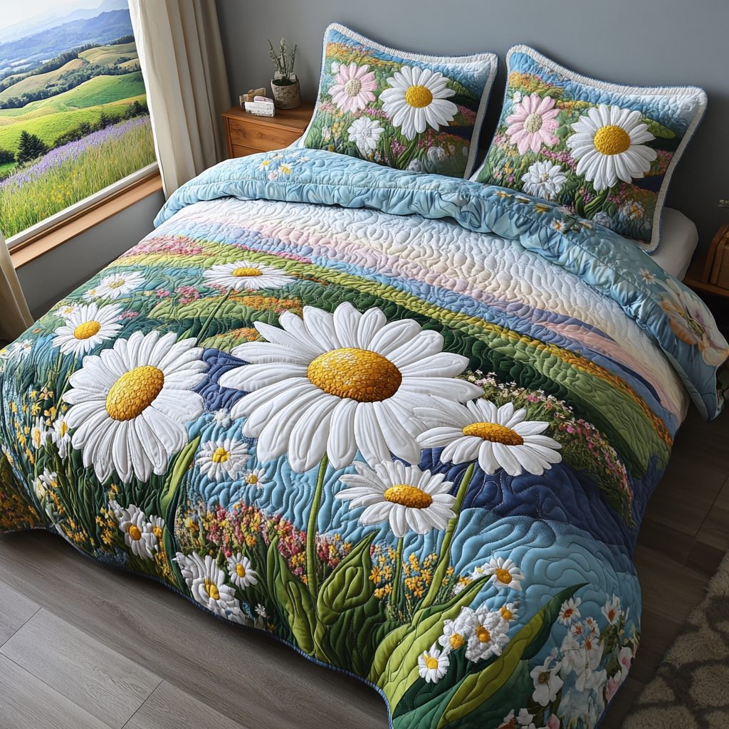 Whispering Daisies quilted 3-piece bedding set on a made bed with two matching pillow shams