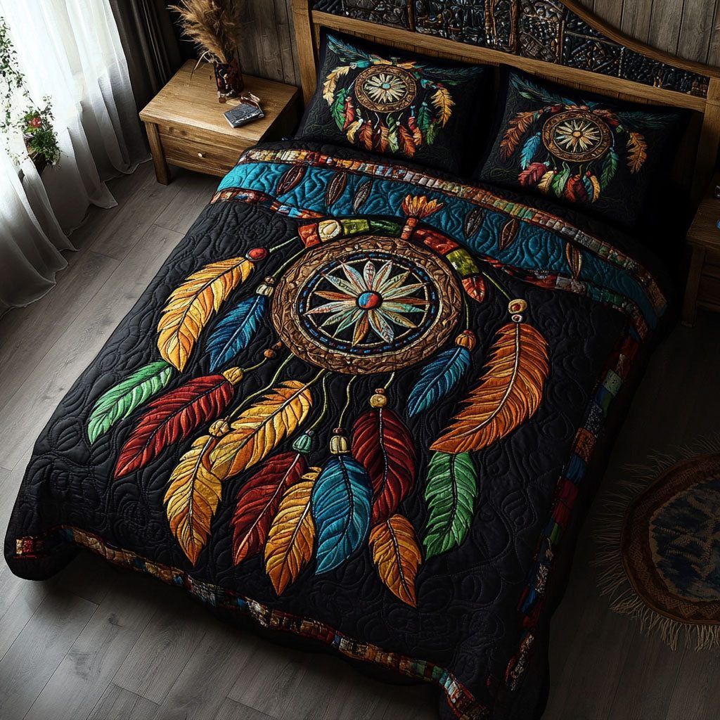 Whispering Dreams quilted 3-piece bedding set on a made bed with two matching pillow shams