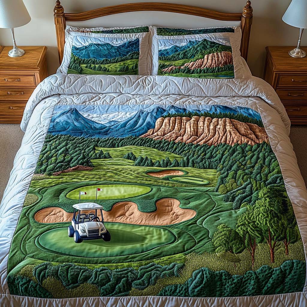 Whispering Fairway Golf Course quilted 3-piece bedding set on a made bed with two matching pillow shams