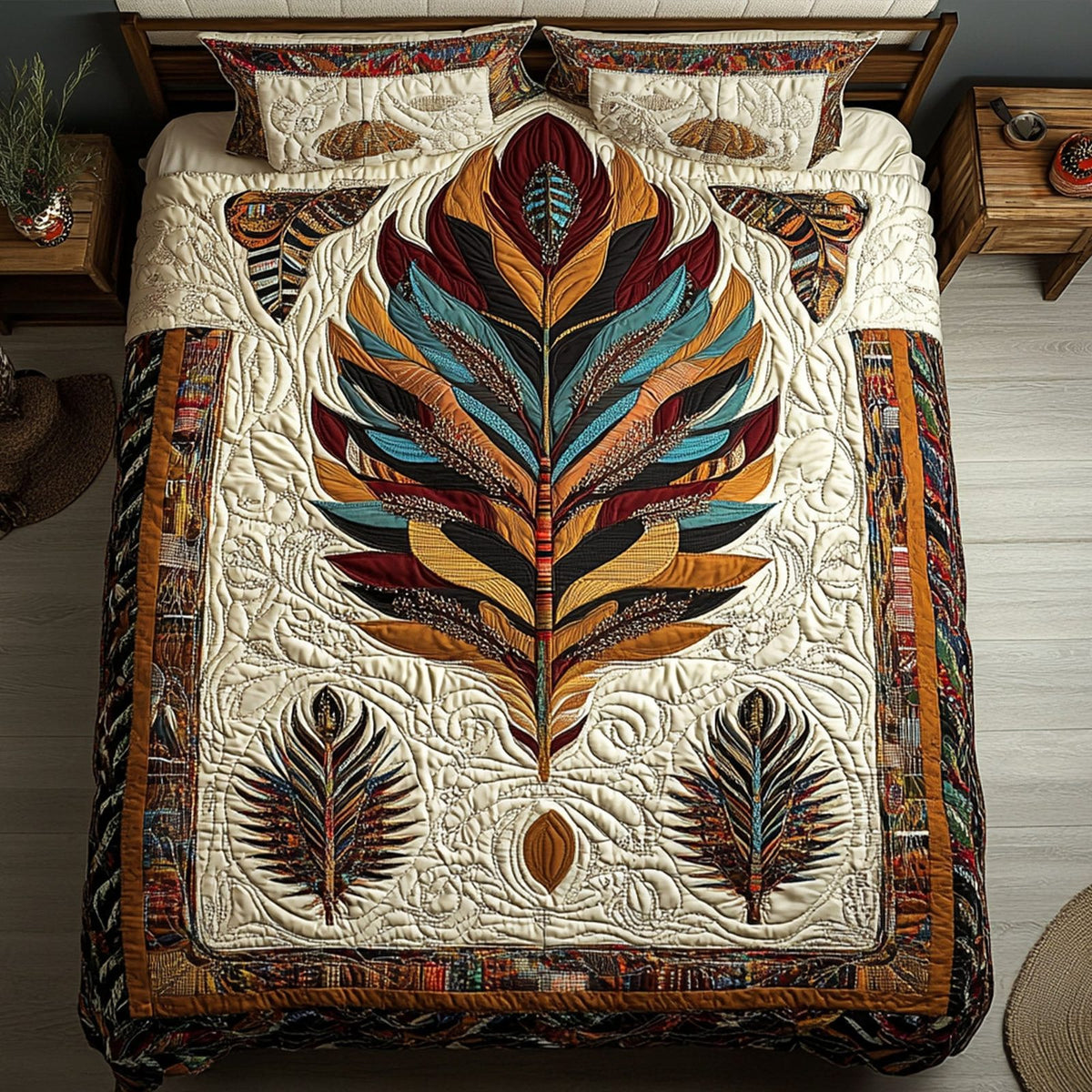 Whispering Feather quilted 3-piece bedding set on a made bed with two matching pillow shams