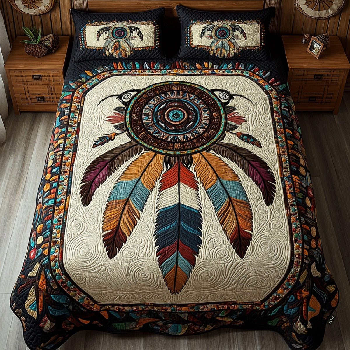 Whispering Feathers quilted 3-piece bedding set on a made bed with two matching pillow shams