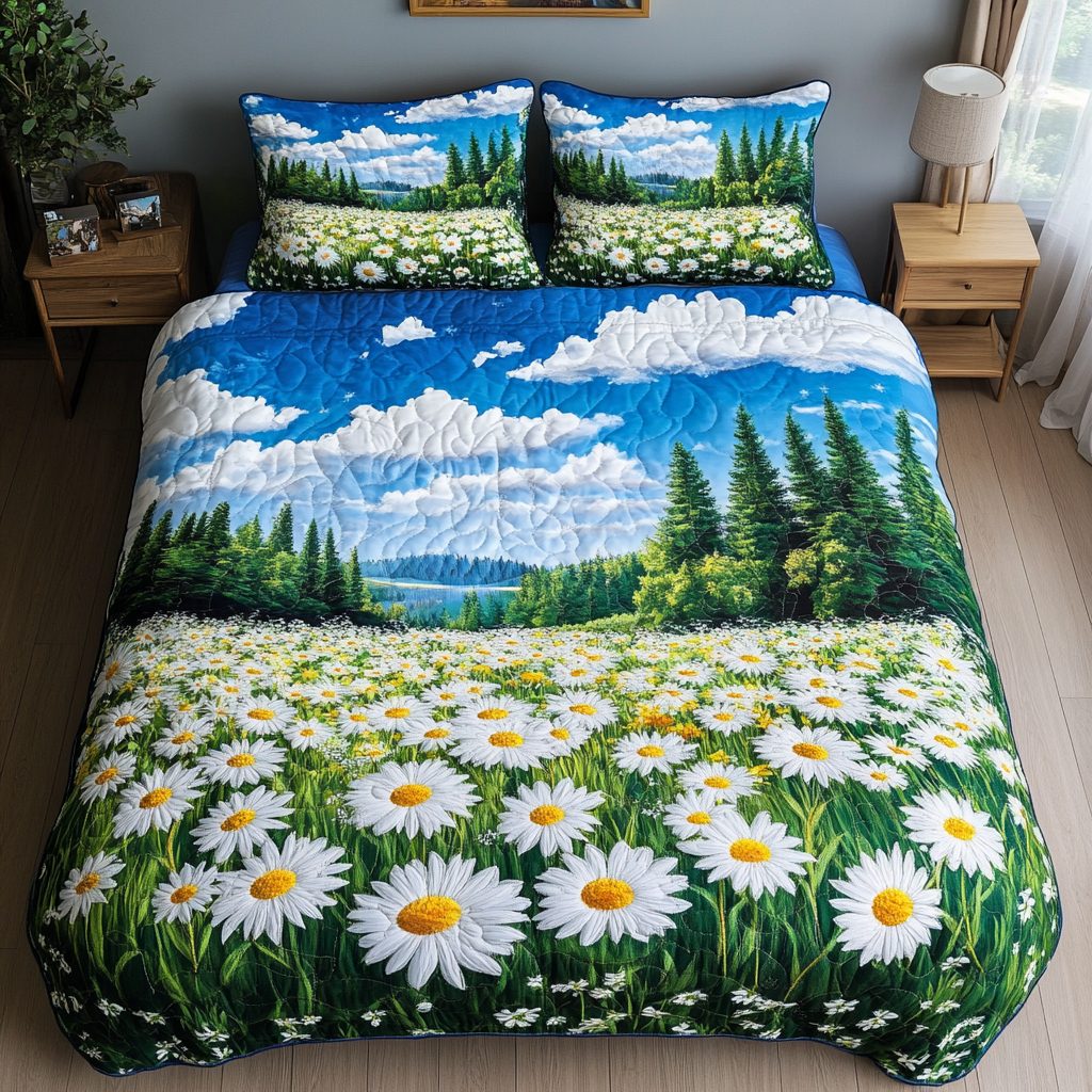 Whispering Fields quilted 3-piece bedding set on a made bed with two matching pillow shams