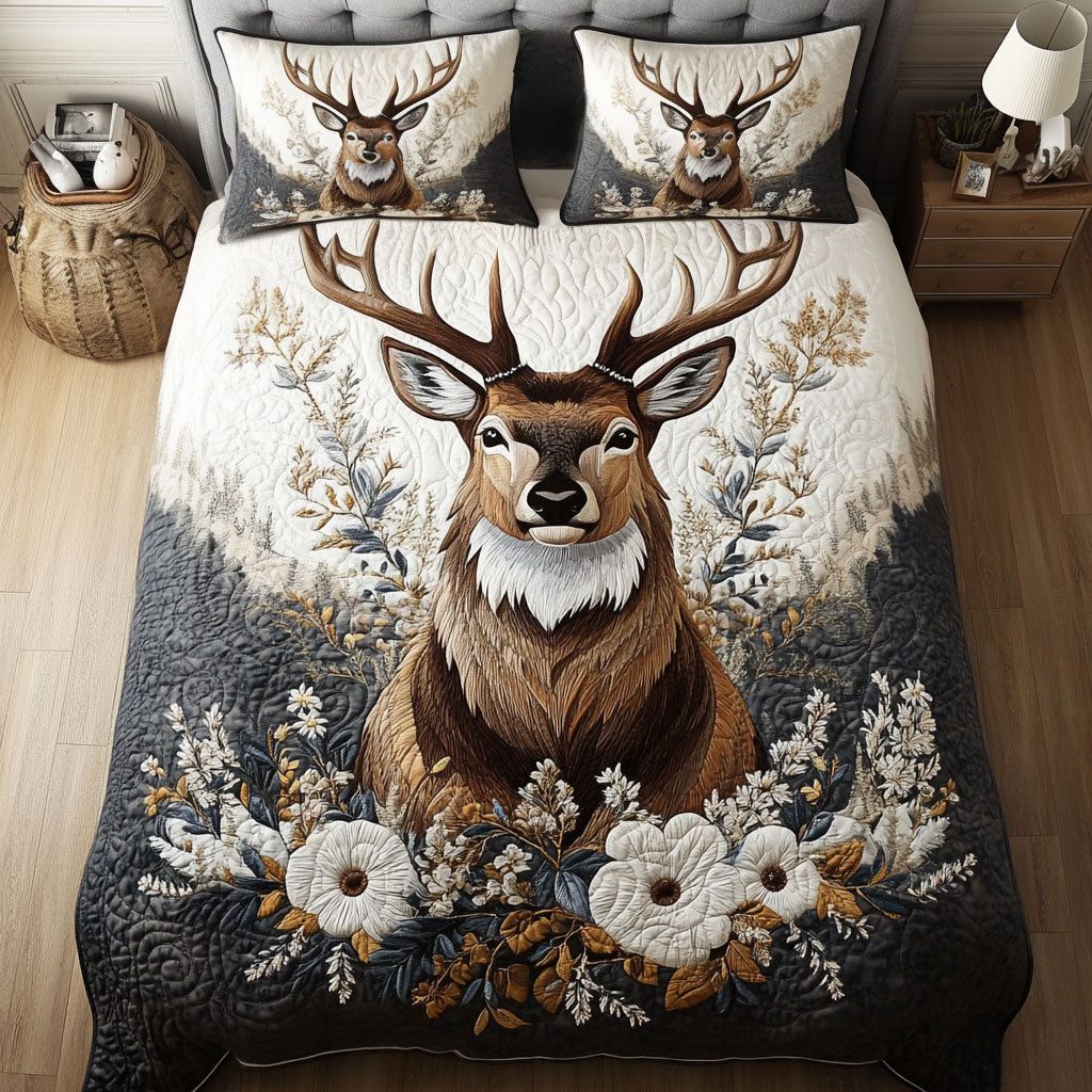 Whispering Forest Haven quilted 3-piece bedding set on a made bed with two matching pillow shams