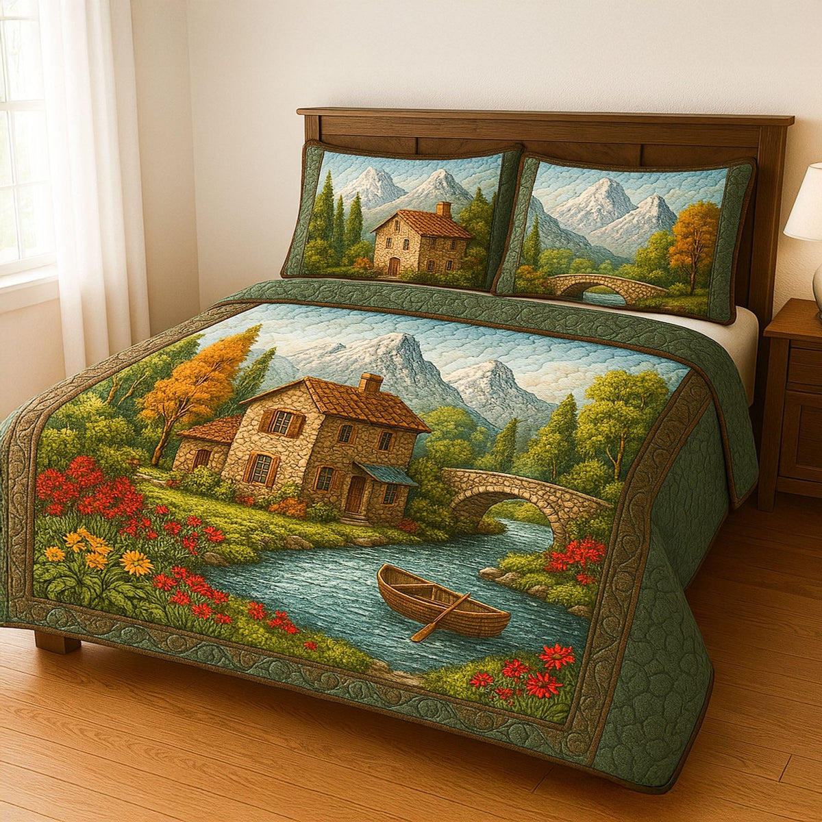 Whispering Gardens quilted 3-piece bedding set on a made bed with two matching pillow shams