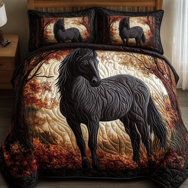 Whispering Hoof quilted 3-piece bedding set on a made bed with two matching pillow shams