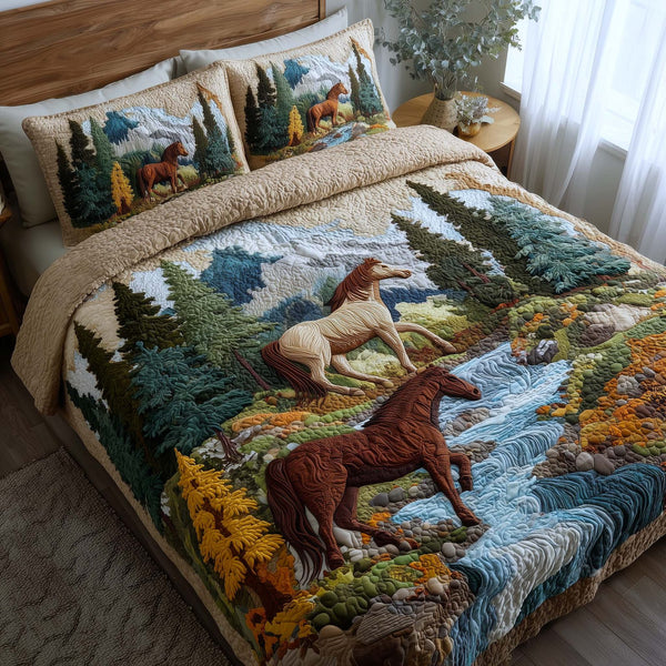 Whispering Hooves quilted 3-piece bedding set on a made bed with two matching pillow shams