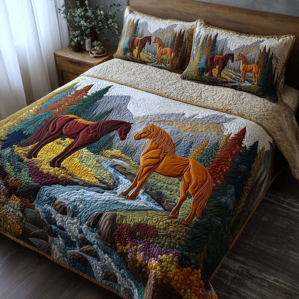 Whispering Hooves quilted 3-piece bedding set on a made bed with two matching pillow shams