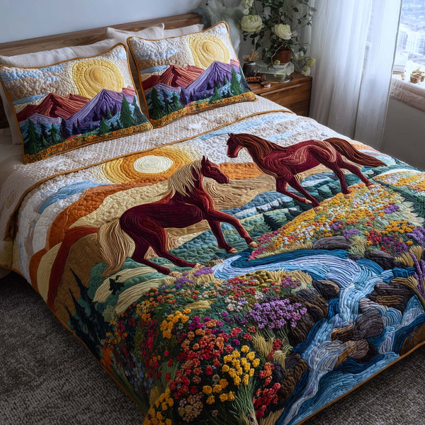 Whispering Hooves quilted 3-piece bedding set on a made bed with two matching pillow shams
