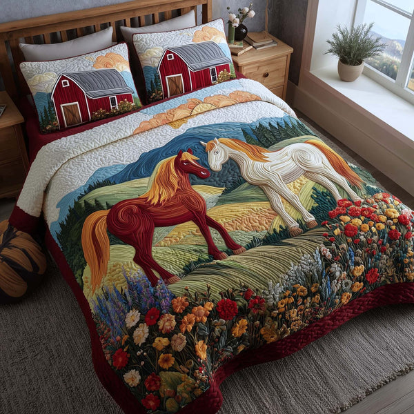 Whispering Hooves quilted 3-piece bedding set on a made bed with two matching pillow shams