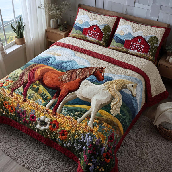 Whispering Hooves quilted 3-piece bedding set on a made bed with two matching pillow shams