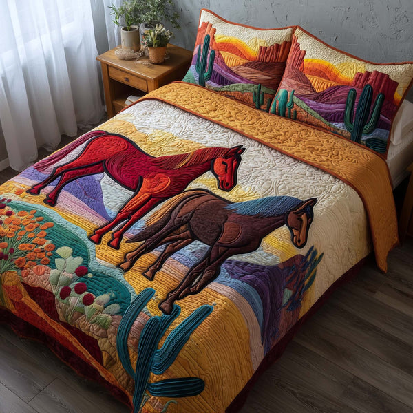 Whispering Hooves quilted 3-piece bedding set on a made bed with two matching pillow shams
