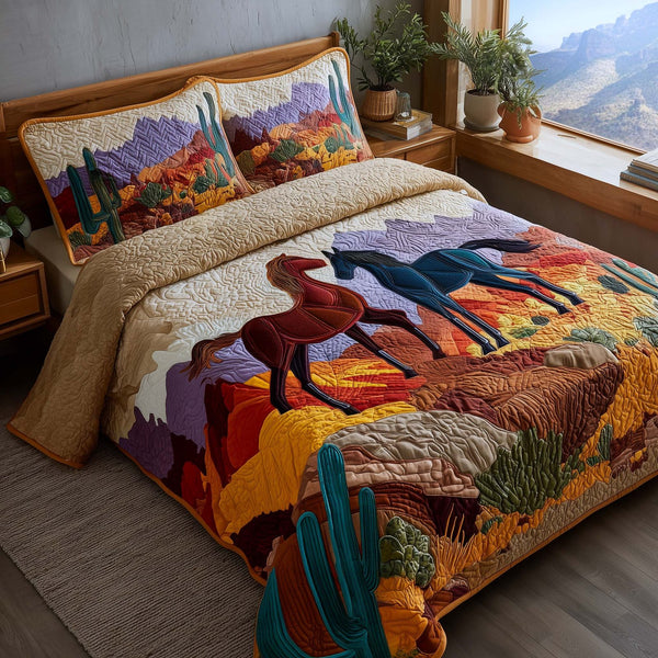 Whispering Hooves quilted 3-piece bedding set on a made bed with two matching pillow shams