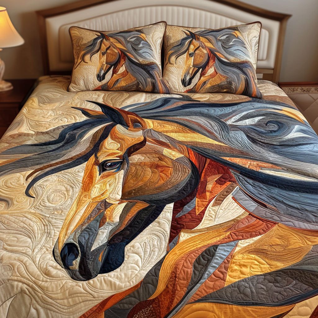 Whispering Hooves quilted 3-piece bedding set on a made bed with two matching pillow shams