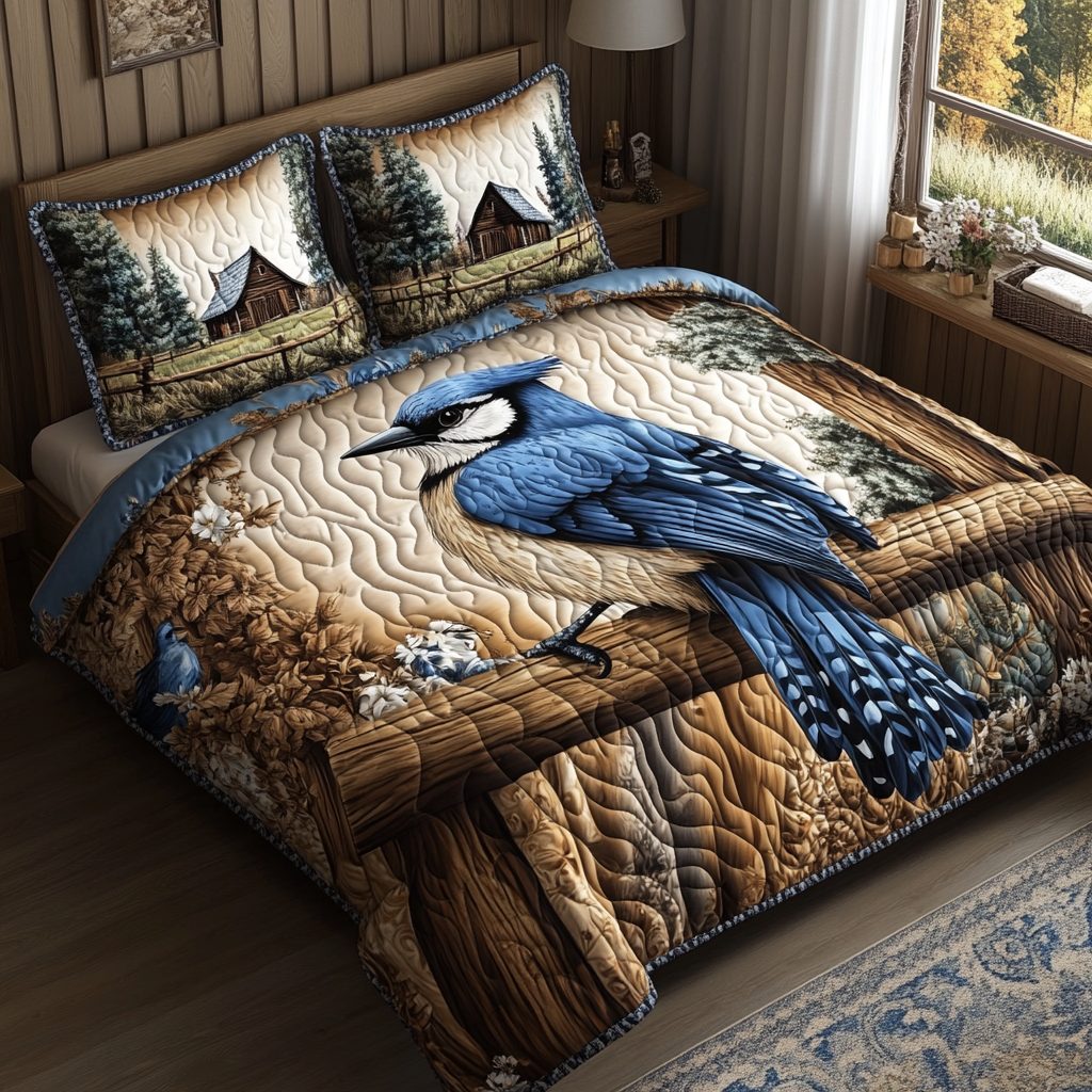Whispering Jay quilted 3-piece bedding set on a made bed with two matching pillow shams