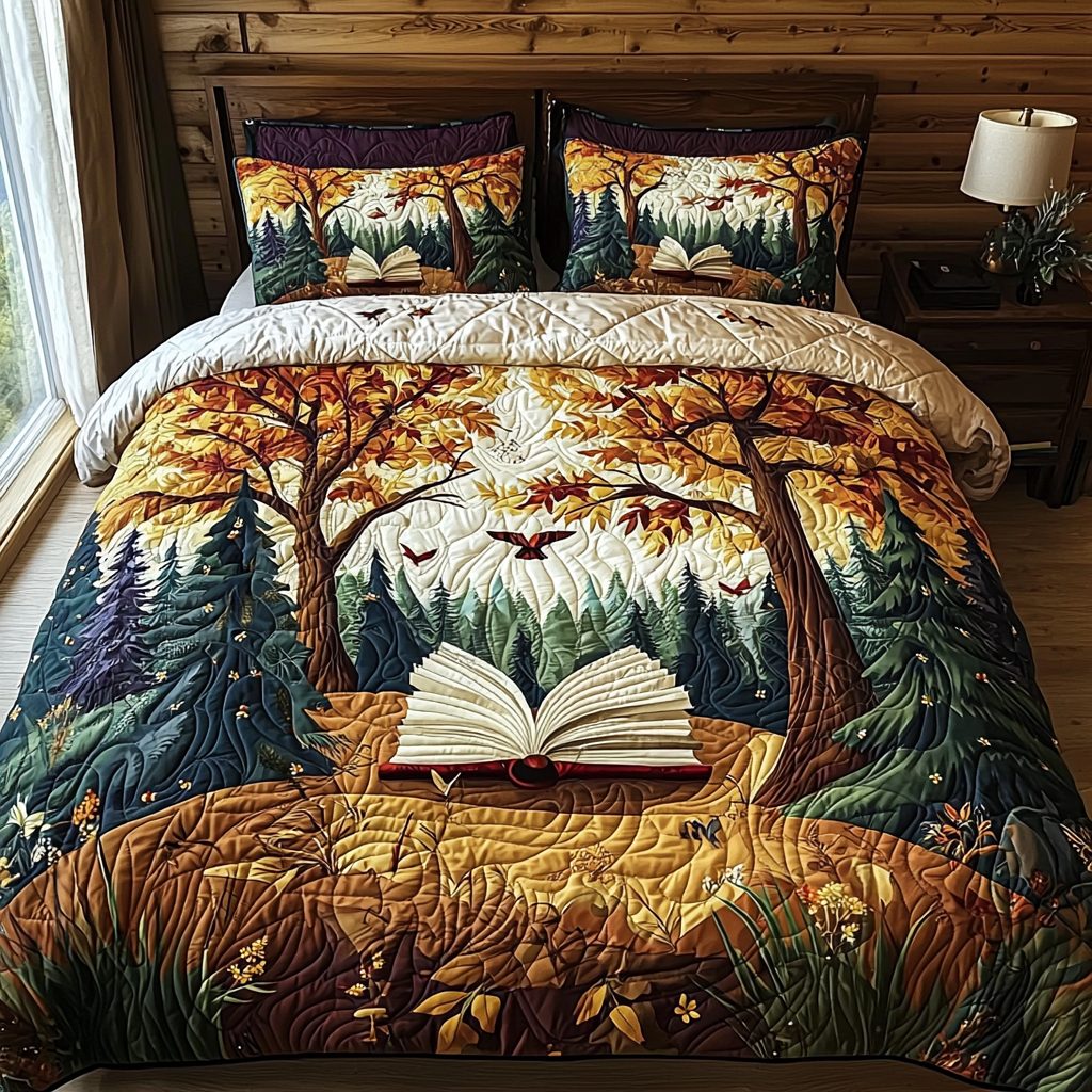 Whispering Leaves quilted 3-piece bedding set on a made bed with two matching pillow shams