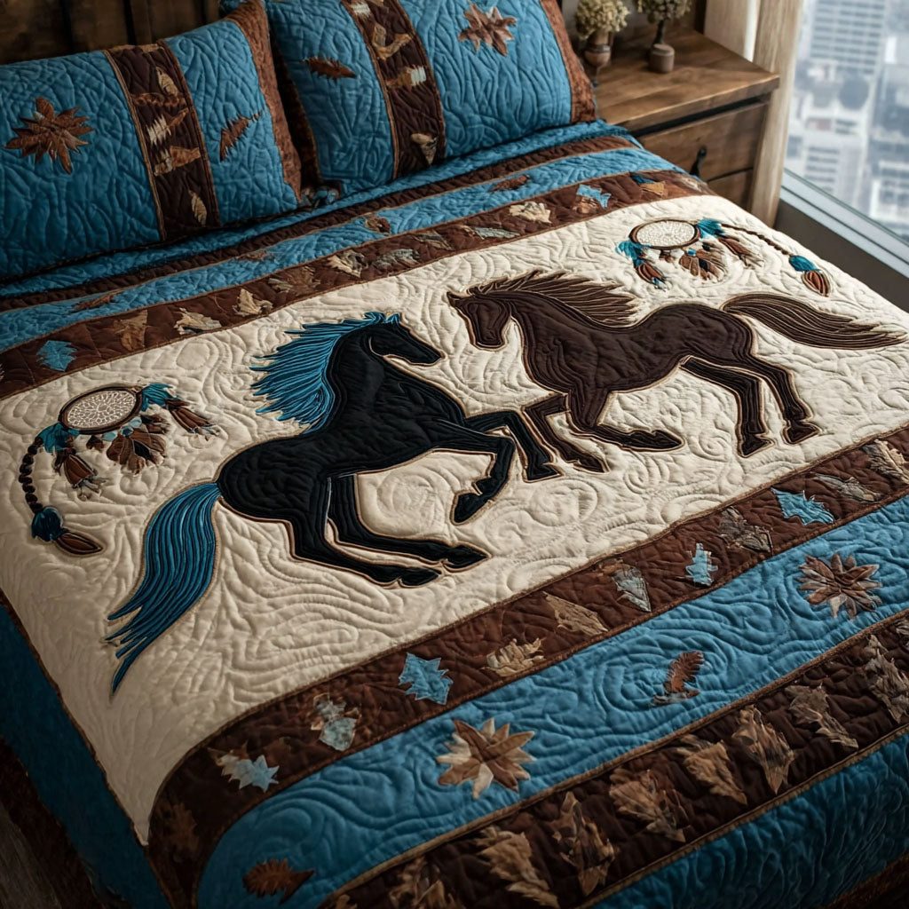 Whispering Mane quilted 3-piece bedding set on a made bed with two matching pillow shams