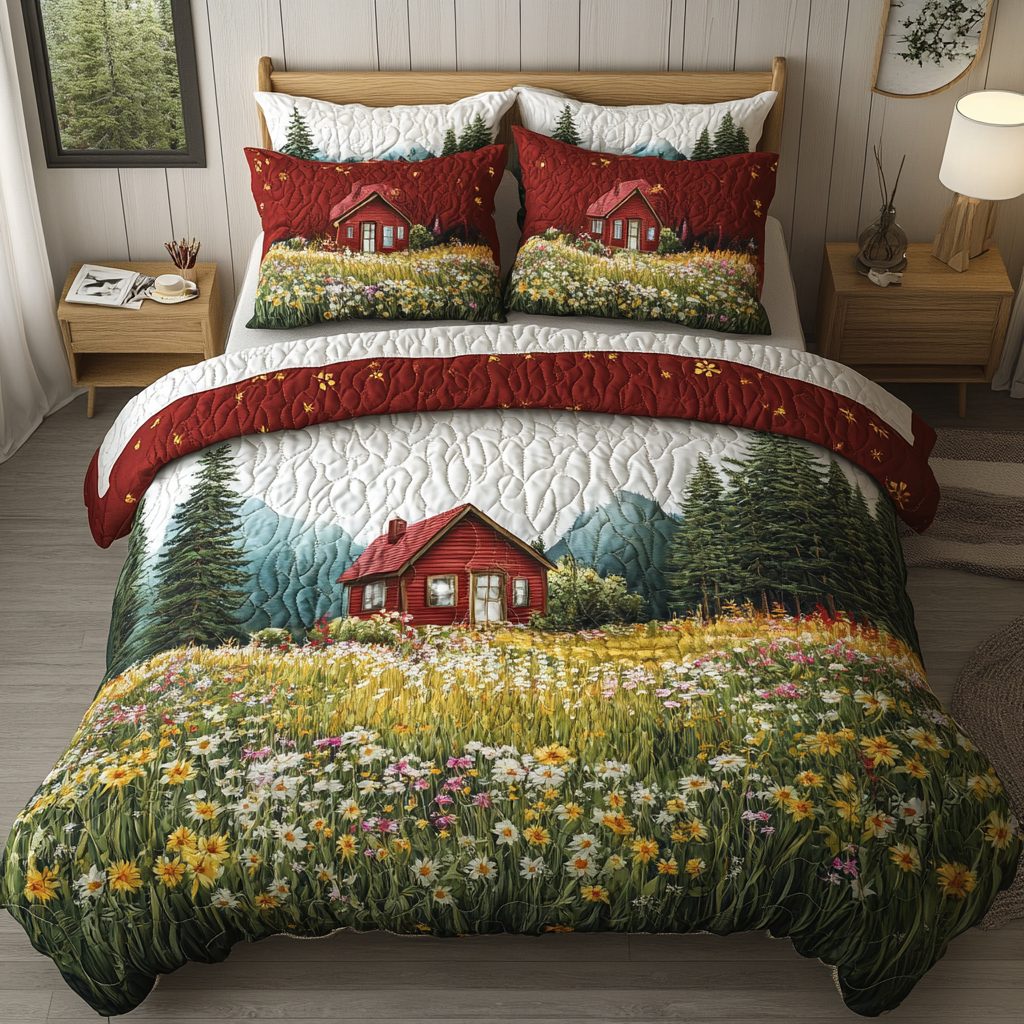 Whispering Meadows quilted 3-piece bedding set on a made bed with two matching pillow shams