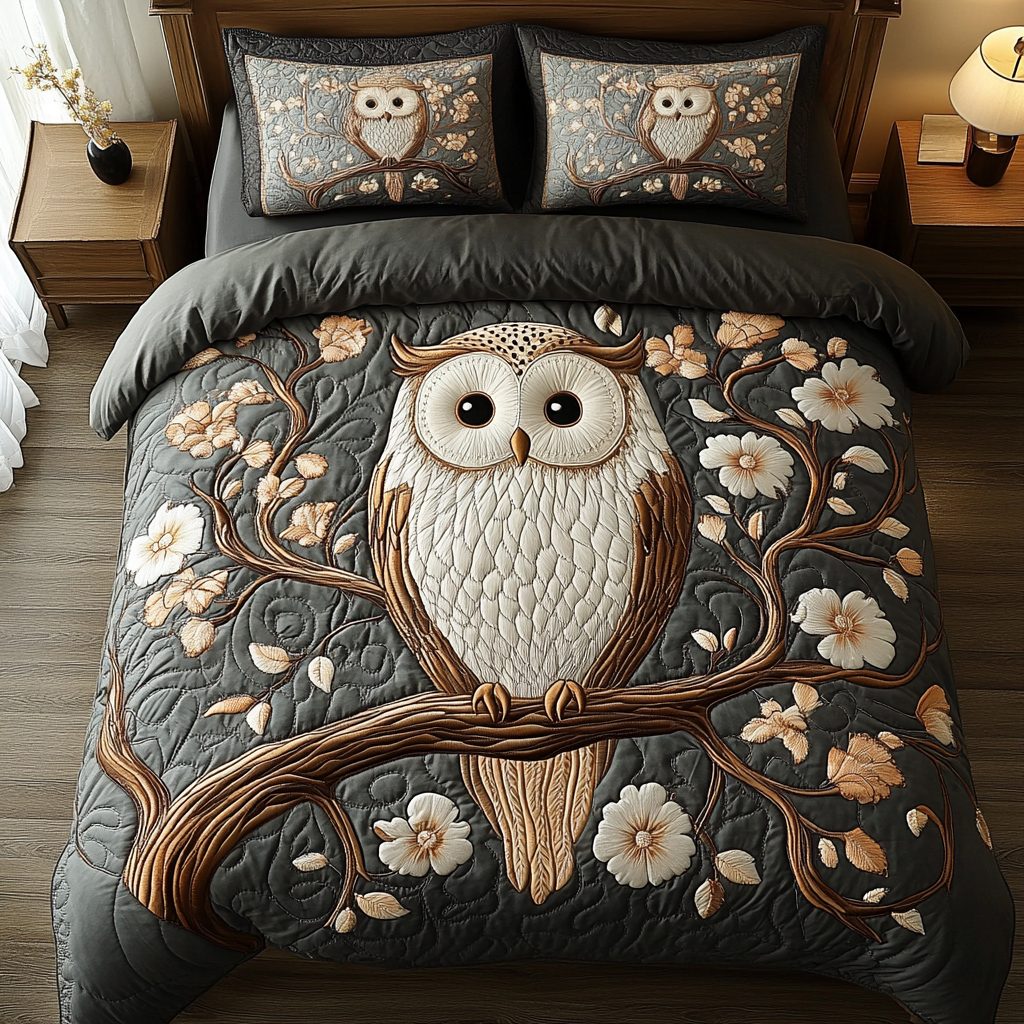 Whispering Owl quilted 3-piece bedding set on a made bed with two matching pillow shams