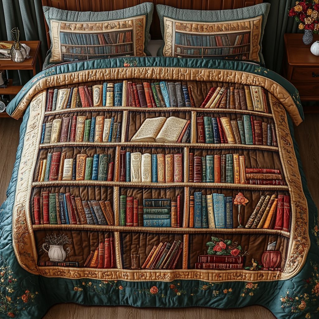 Whispering Pages quilted 3-piece bedding set on a made bed with two matching pillow shams