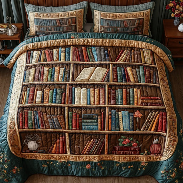 Whispering Pages quilted 3-piece bedding set on a made bed with two matching pillow shams
