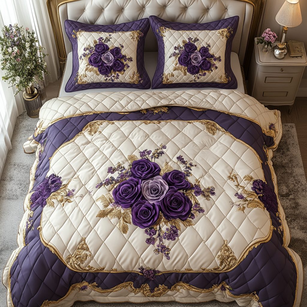 Whispering Petals quilted 3-piece bedding set on a made bed with two matching pillow shams