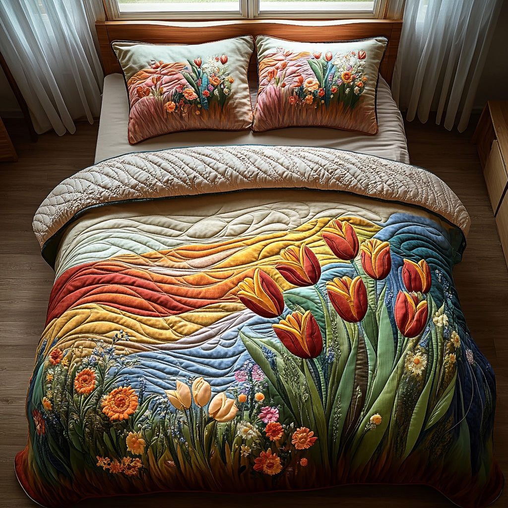 Whispering Petals quilted 3-piece bedding set on a made bed with two matching pillow shams