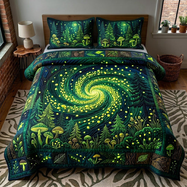 Whispering Pines quilted 3-piece bedding set on a made bed with two matching pillow shams