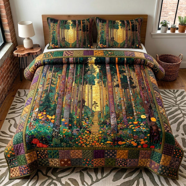 Whispering Pines quilted 3-piece bedding set on a made bed with two matching pillow shams