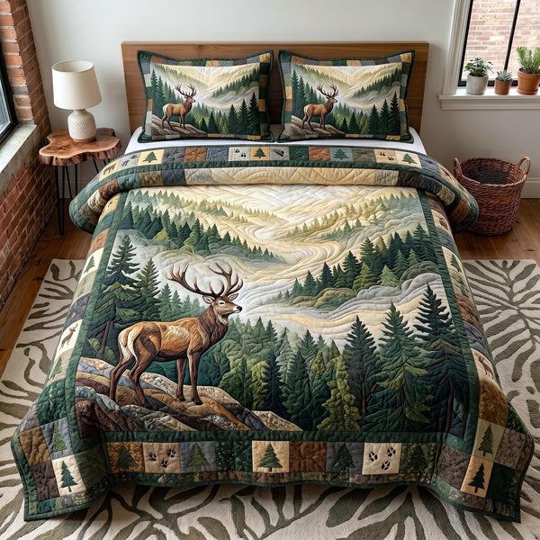 Whispering Pines quilted 3-piece bedding set on a made bed with two matching pillow shams