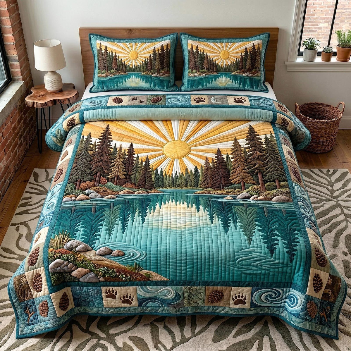 Whispering Pines quilted 3-piece bedding set on a made bed with two matching pillow shams