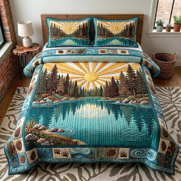 Whispering Pines quilted 3-piece bedding set on a made bed with two matching pillow shams